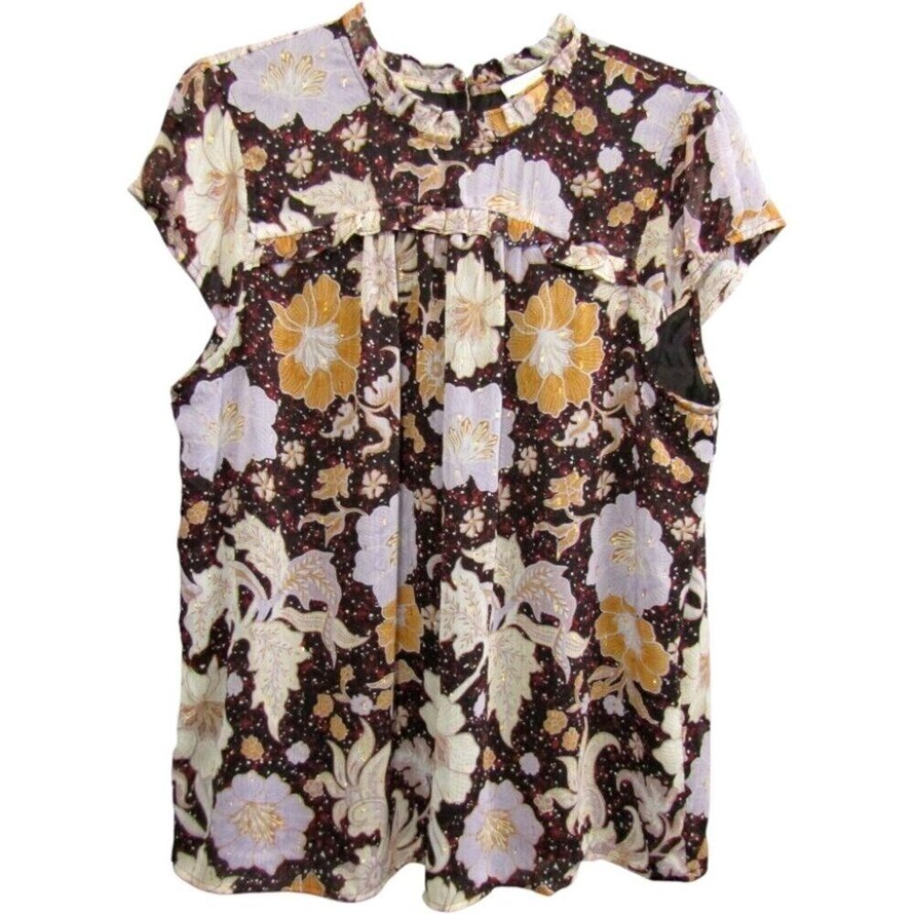 Christian Siriano Black Floral Top Womens Size XL Cap Sleeve Lined Gold Thread